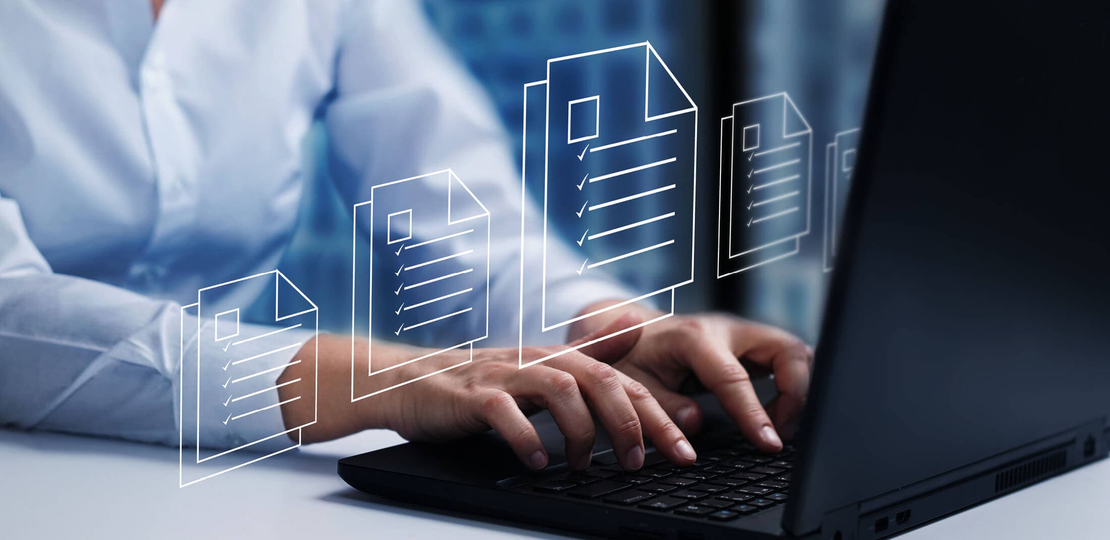 a person typing on a laptop and illustration of paper icons